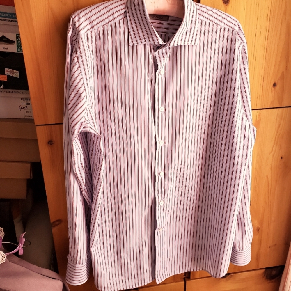 Canali Men's White Shirt with Pink and Navy Stripes